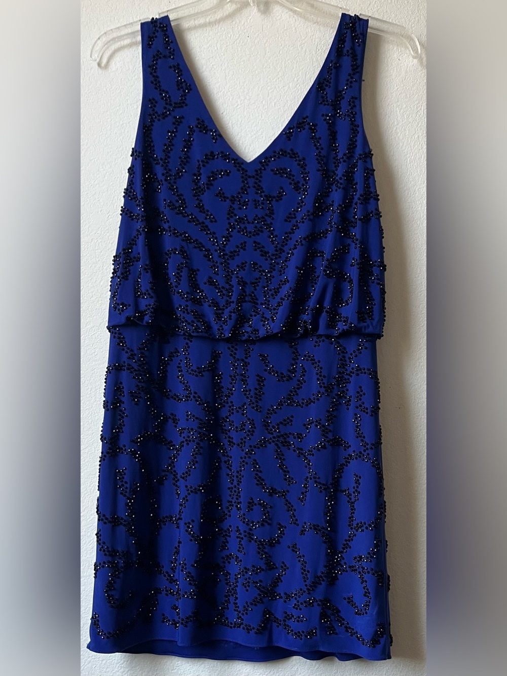 Xscape Size 10 Beaded V-Neck Mini cocktail Dress in Deep Blue